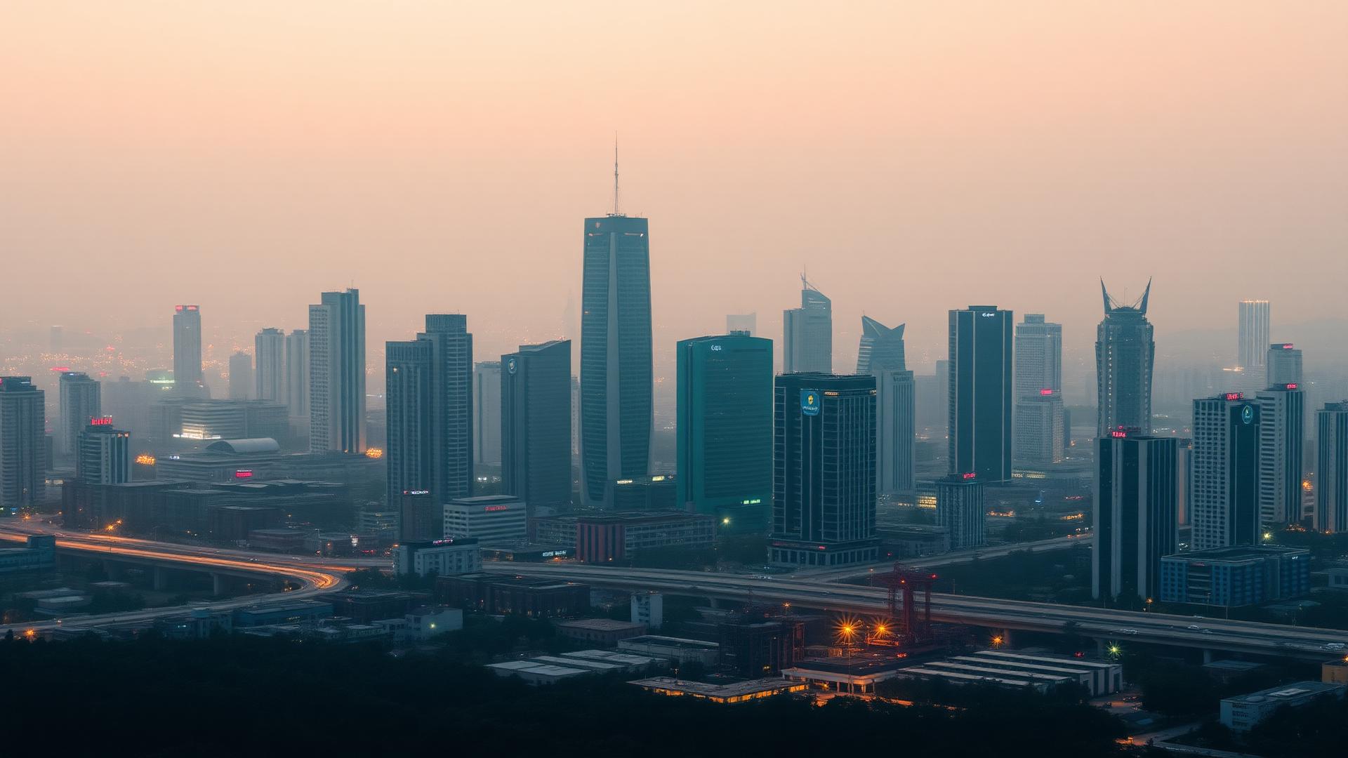 Dongguan city skyline at dusk, with manufacturing district silhouette under hazy warm light